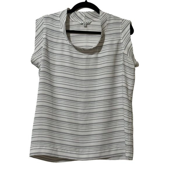 CAbi women’s size S cap sleeve black ivory print flowy double layer collar top - Picture 1 of 8